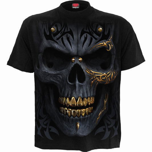 Black t-shirt with a gold and black skull and bullet design on the back.