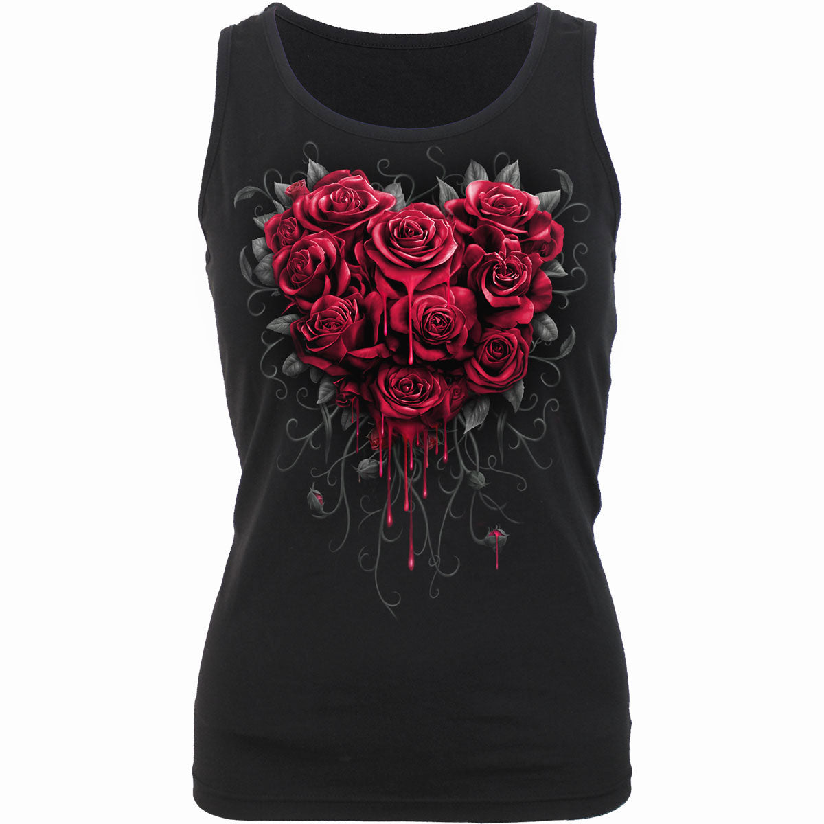 Black sleeveless top featuring a heart-shaped arrangement of red roses with dripping blood effects.