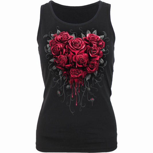 Black sleeveless top featuring a heart-shaped arrangement of red roses with dripping blood effects.