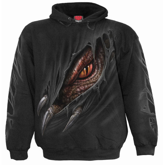 Black hoodie with a graphic of a dragon’s eye and claws breaking through.