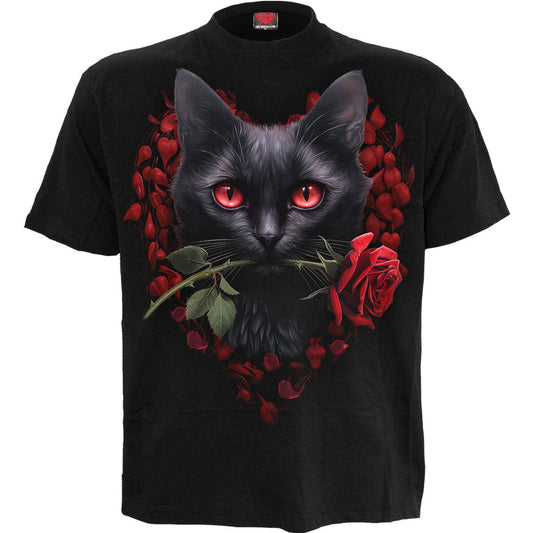 Black t-shirt with a graphic of a black cat and red roses.