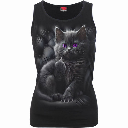 Black sleeveless top with a photorealistic kitten graphic.