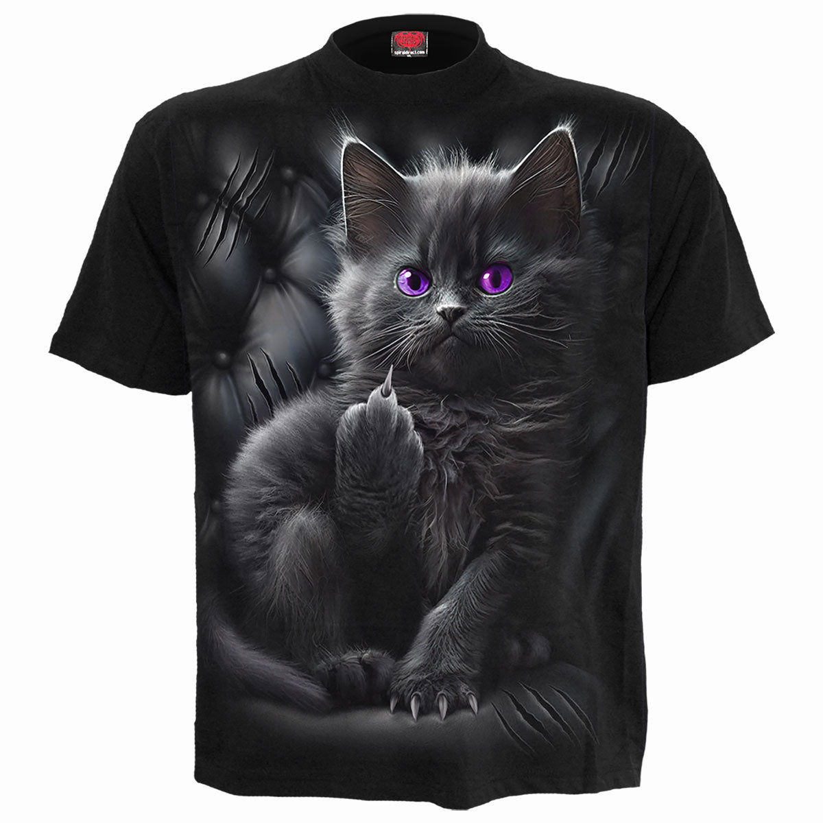 Black short-sleeve t-shirt with a graphic of a grey kitten.