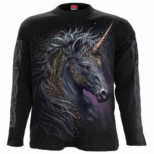 Black long sleeve shirt with a detailed Celtic unicorn design on back.