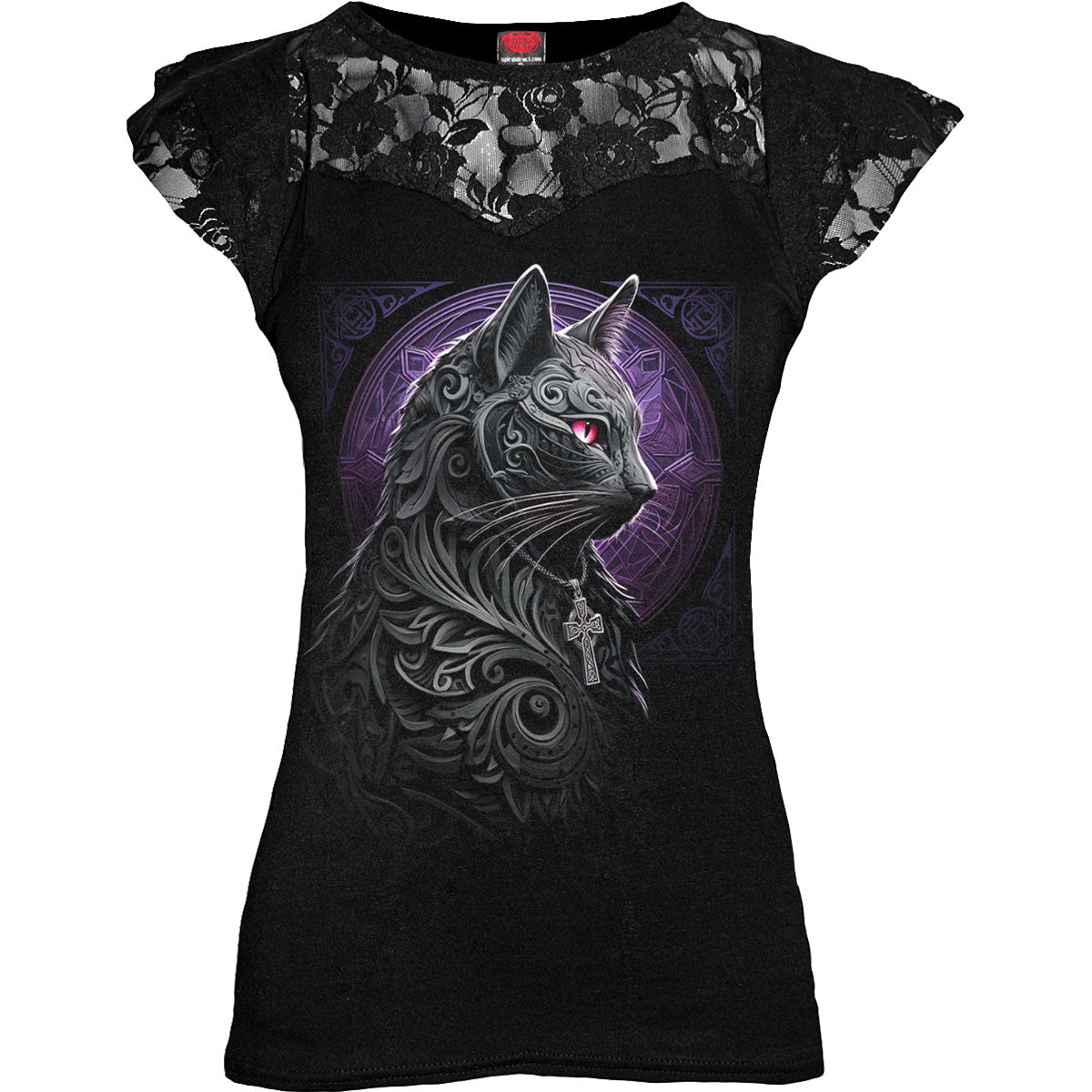 Black women’s short sleeve shirt with ornate cat and lace details.
