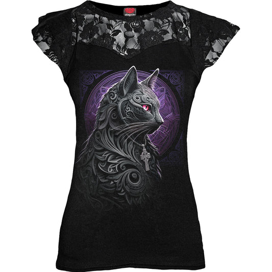 Black women’s short sleeve shirt with ornate cat and lace details.