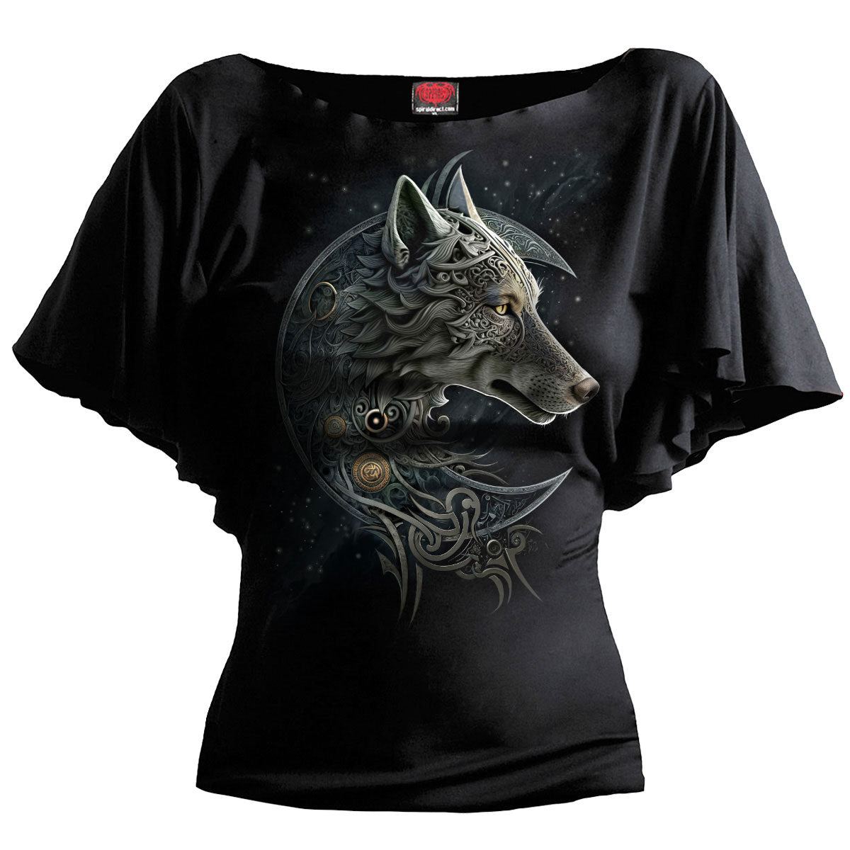 Black short-sleeved women’s top with a Celtic wolf and moon design.