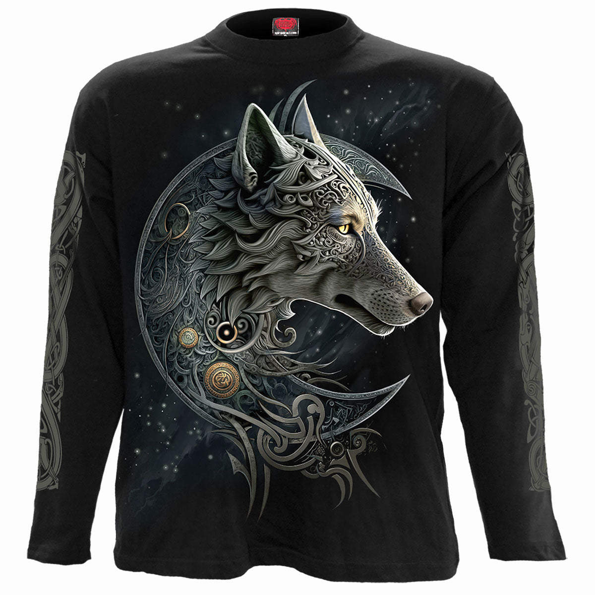Black long sleeve shirt with Celtic wolf and moon design.
