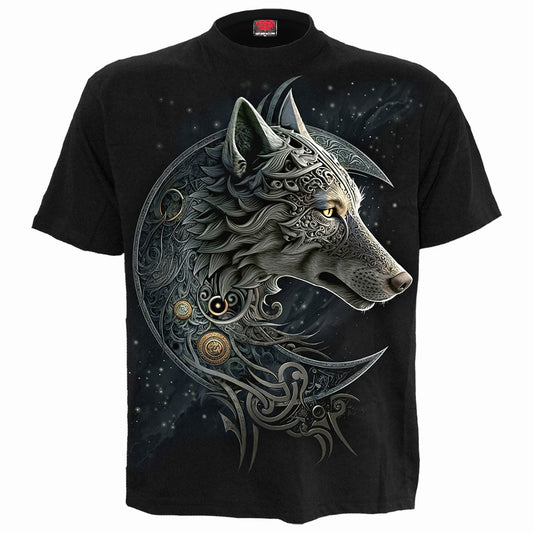 Black t-shirt with a detailed Celtic wolf howling at the moon design.
