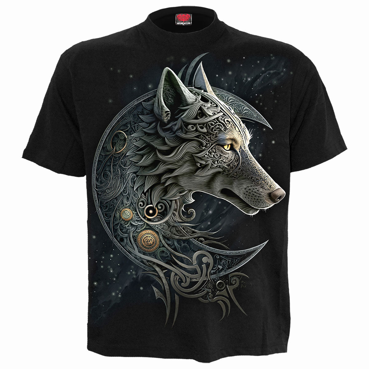 Black t-shirt with a detailed Celtic wolf howling at the moon design.