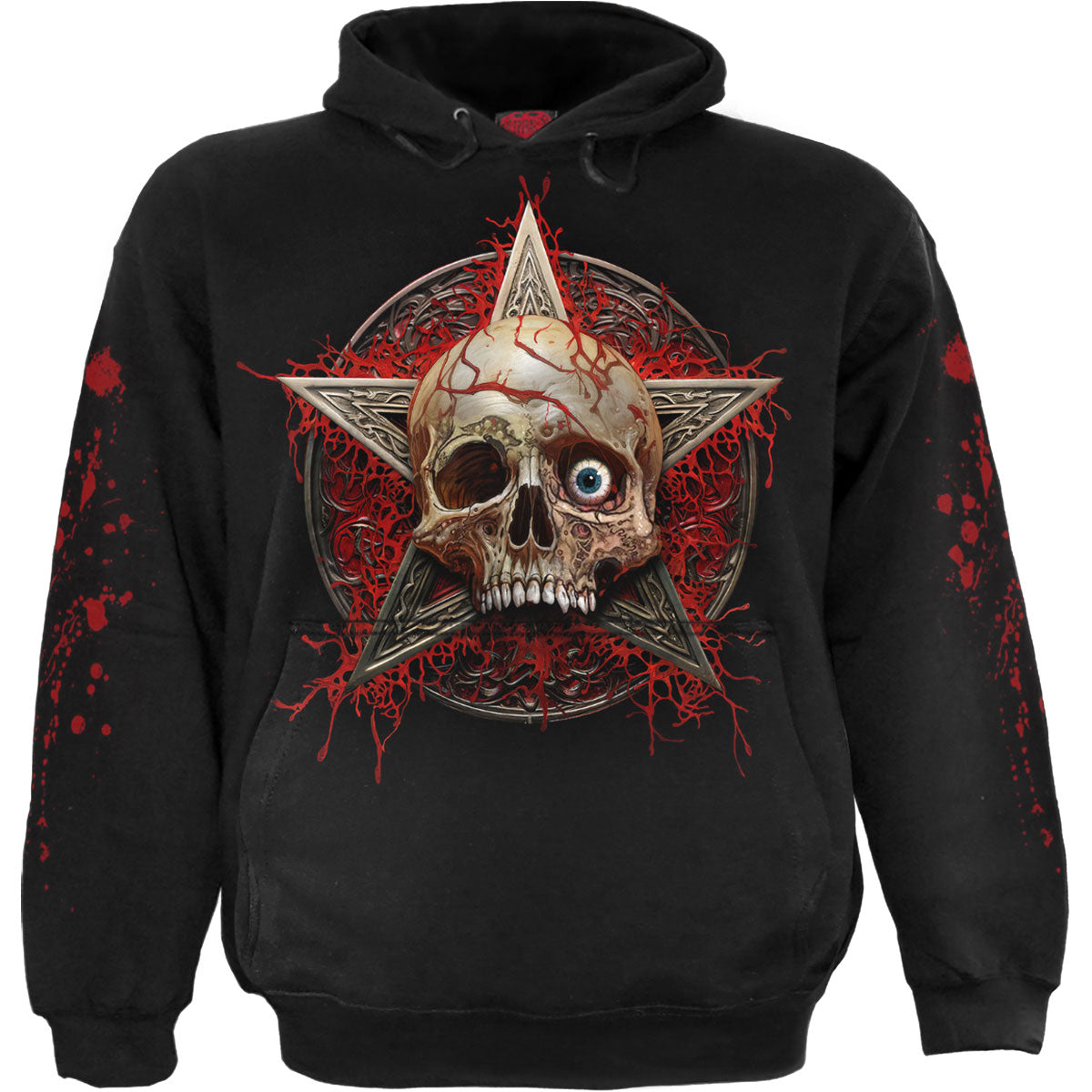 Black hoodie with a large, graphic image of a screaming skull.