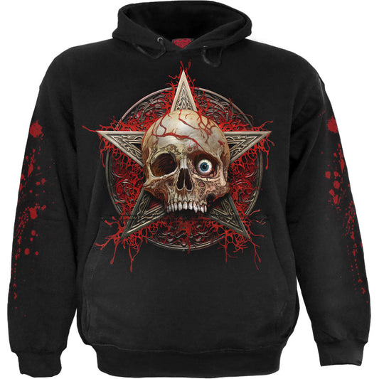 Black hoodie with a large, graphic image of a screaming skull.