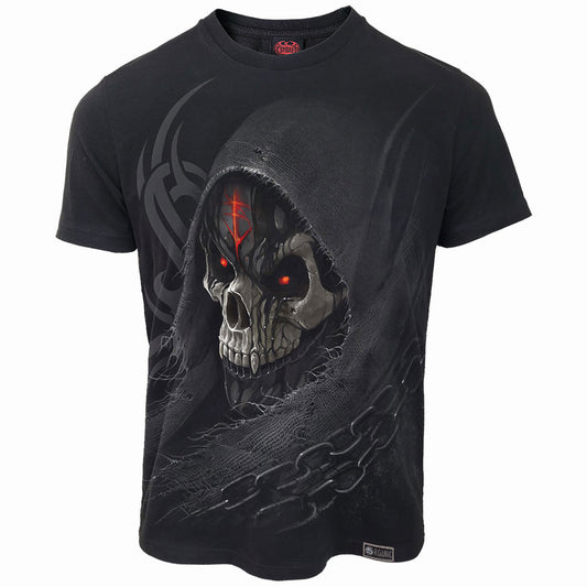 Black short-sleeve t-shirt with a grim reaper skull graphic.
