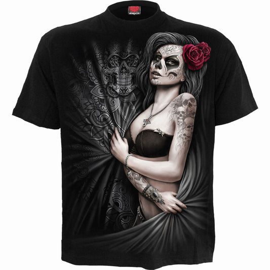 Black t-shirt with detailed skull and Day of the Dead inspired artwork.