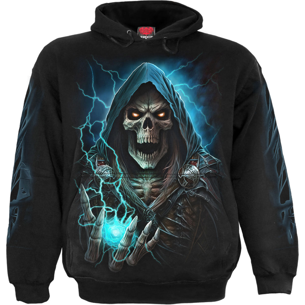 Black hoodie with a detailed, colorful graphic of a skeletal figure playing guitar.