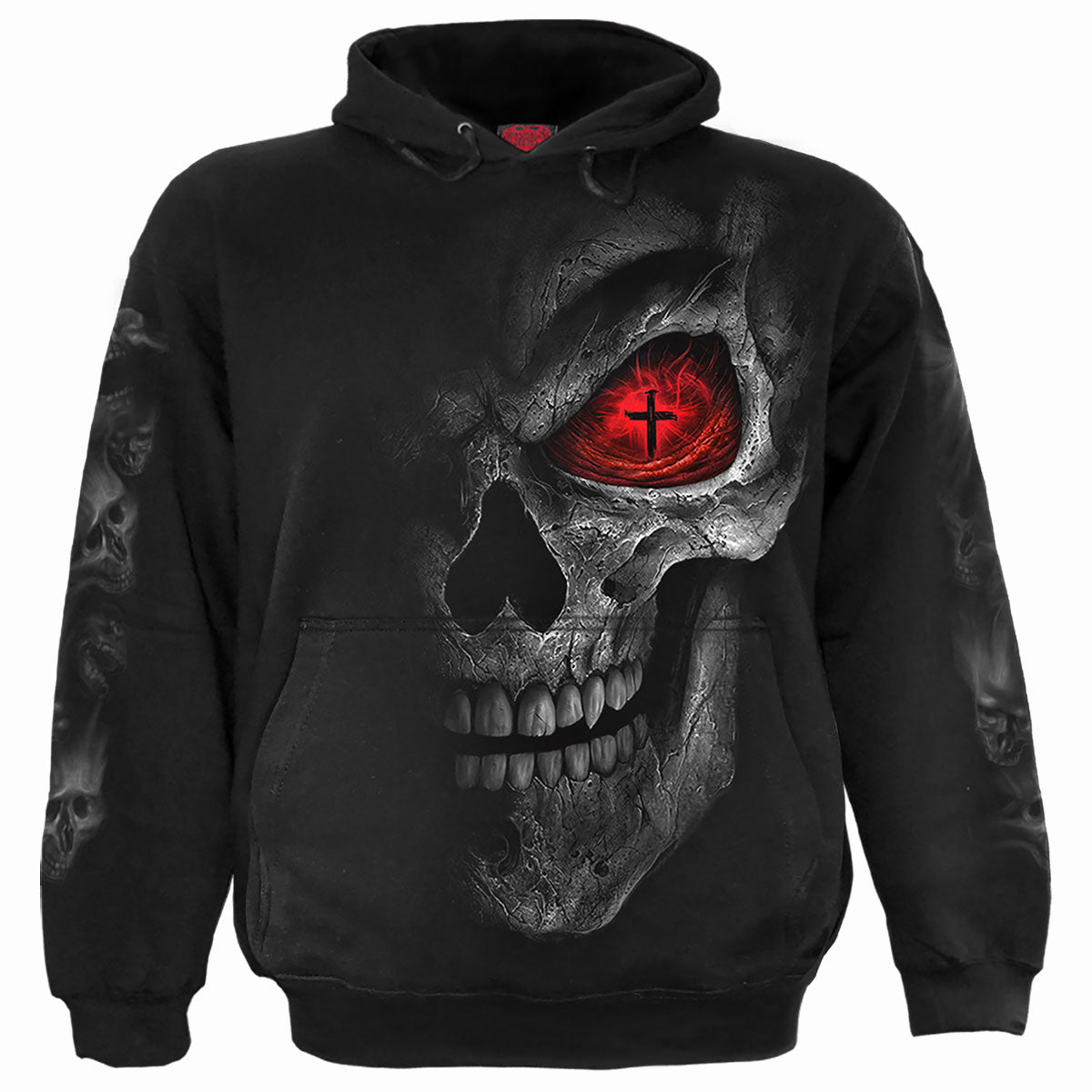 Black hoodie with a large graphic of a skull and red glowing eye.