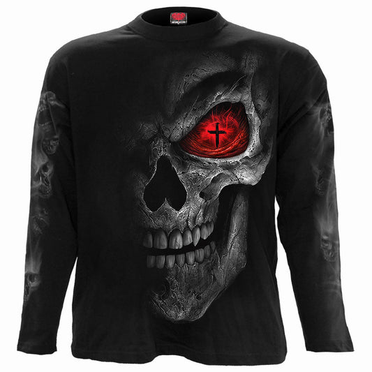 Black long sleeve shirt with a large skull graphic on the back.