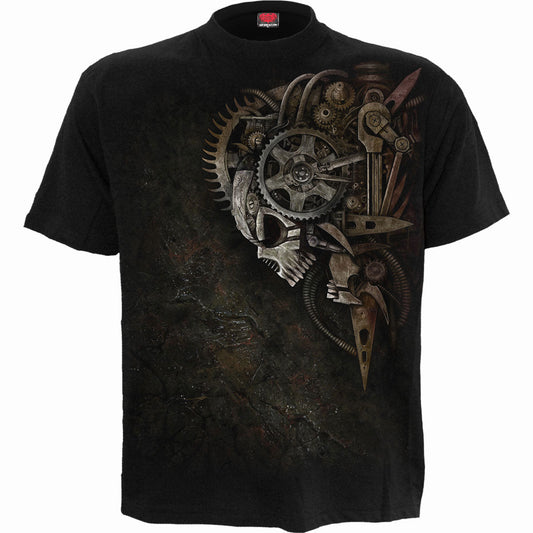Black short-sleeve t-shirt with a detailed, metallic gear and skull graphic.