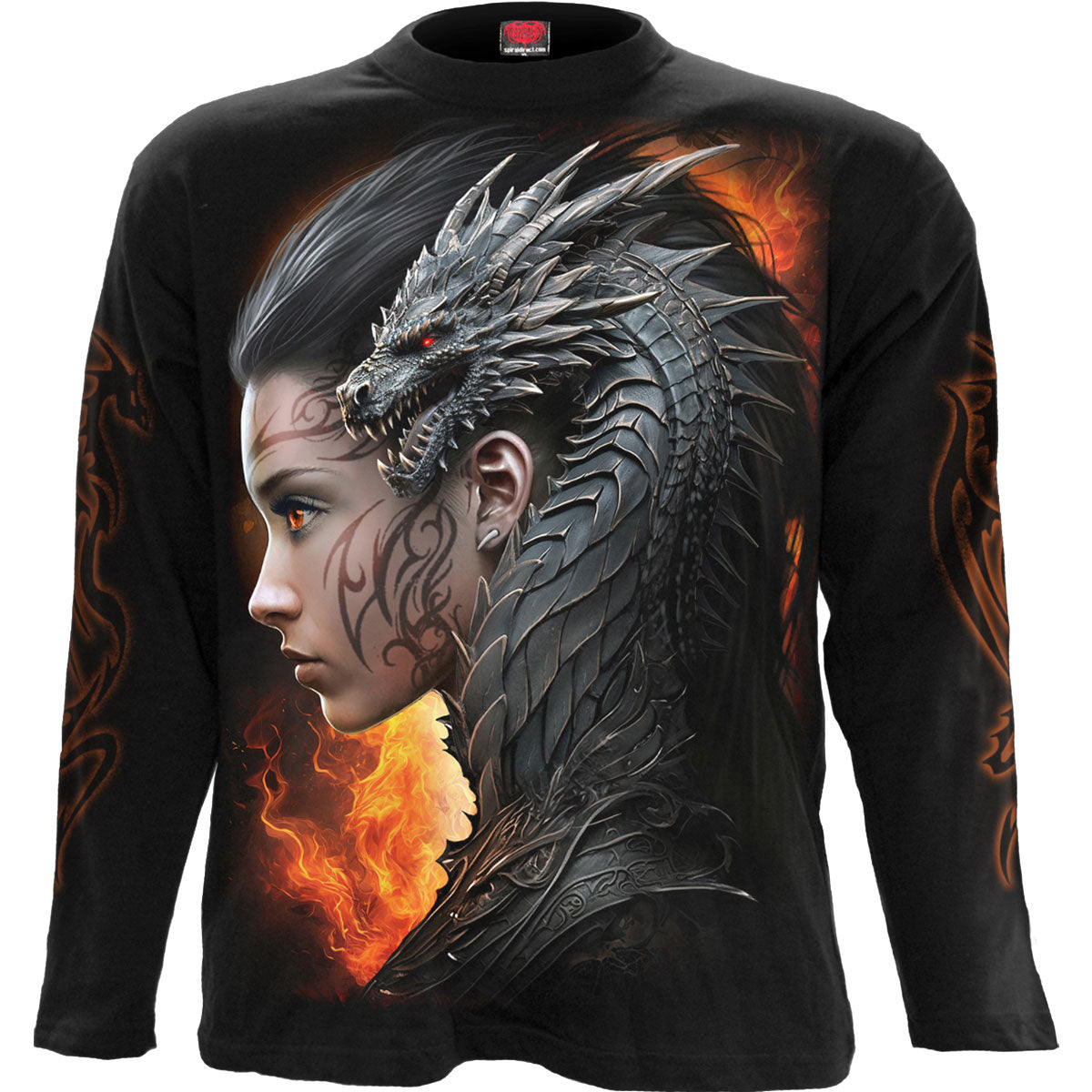 Black long sleeve shirt with a dragon and woman’s face design.