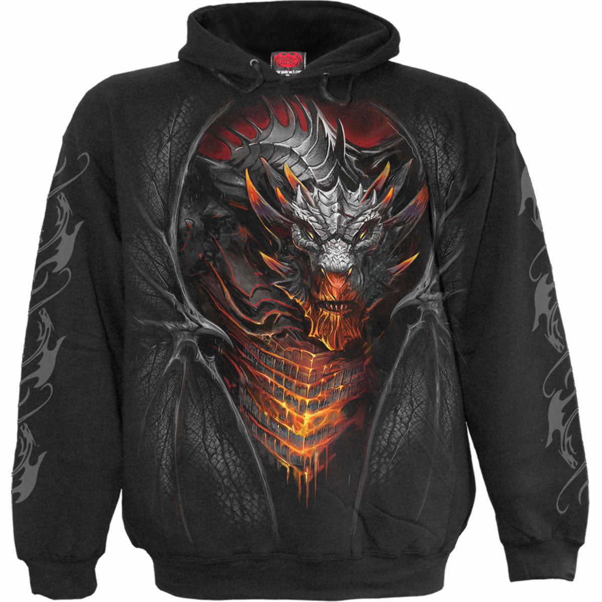 Black hoodie with a detailed dragon and skull graphic design.