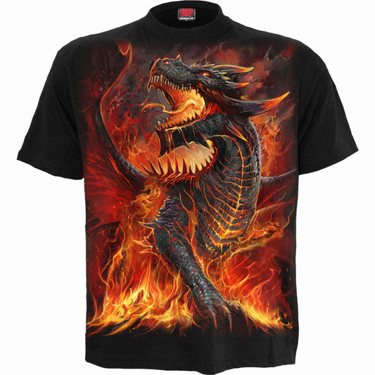Black t-shirt with a large, detailed dragon graphic on the back.
