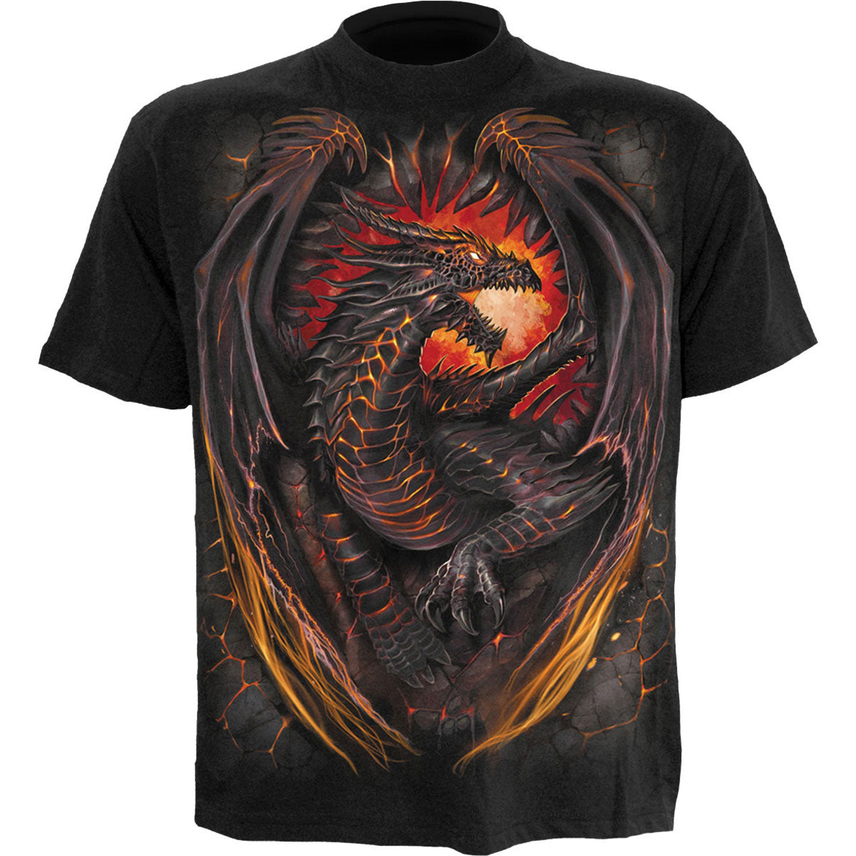 Black short sleeve t-shirt with a detailed red and orange dragon graphic.