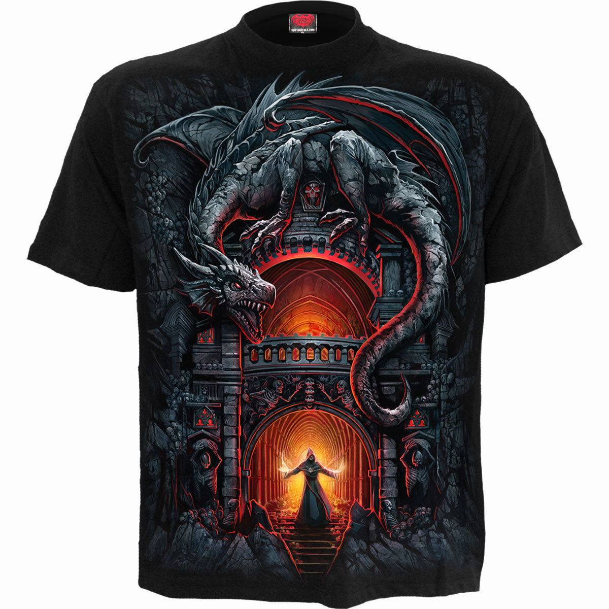 Black t-shirt with a detailed, roaring dragon graphic on the back.