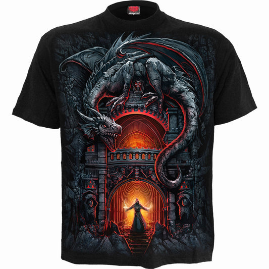 Black t-shirt with a detailed, roaring dragon graphic on the back.