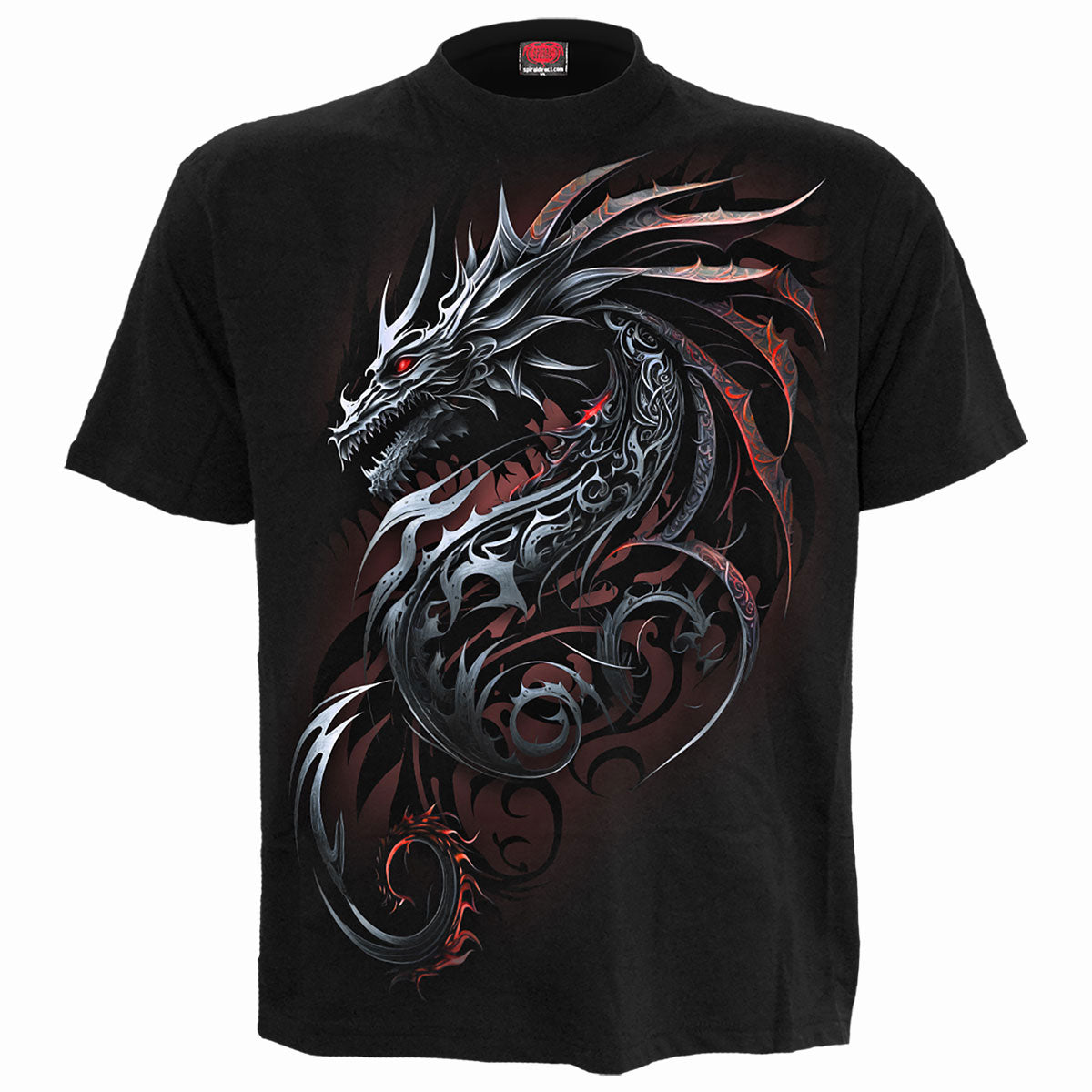 Black short sleeve t-shirt featuring a stylized silver dragon with red eyes.