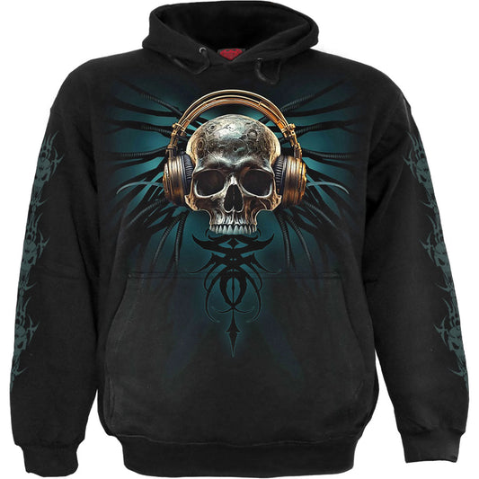 Black hoodie with a detailed skull and headphone graphic design.