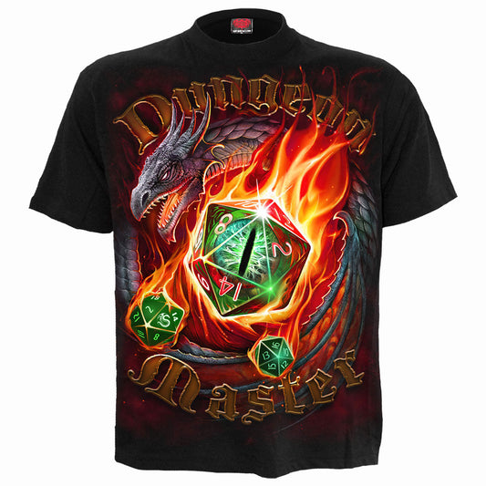 Black t-shirt with a hooded skeleton holding flaming dice graphic.