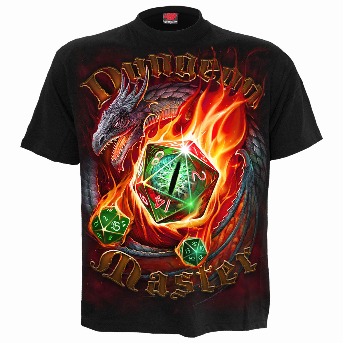 Black t-shirt with a hooded skeleton holding flaming dice graphic.