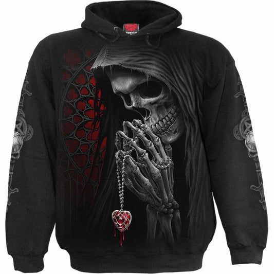 Black hoodie with a large graphic of a skull and ghostly figure.