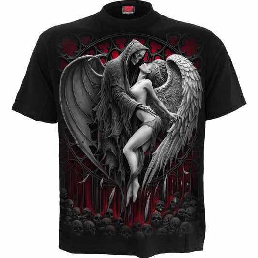 Black t-shirt with a detailed graphic of a hooded skeleton praying.