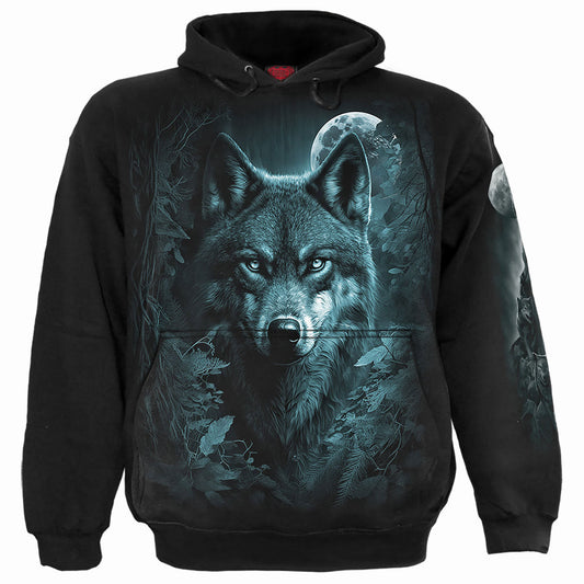 Black hoodie with a graphic of wolves in a forest scene.