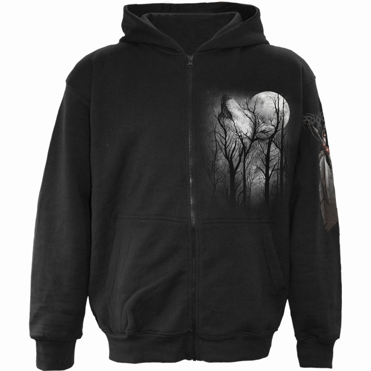 Black hoodie with a large graphic of a wolf’s face within trees.