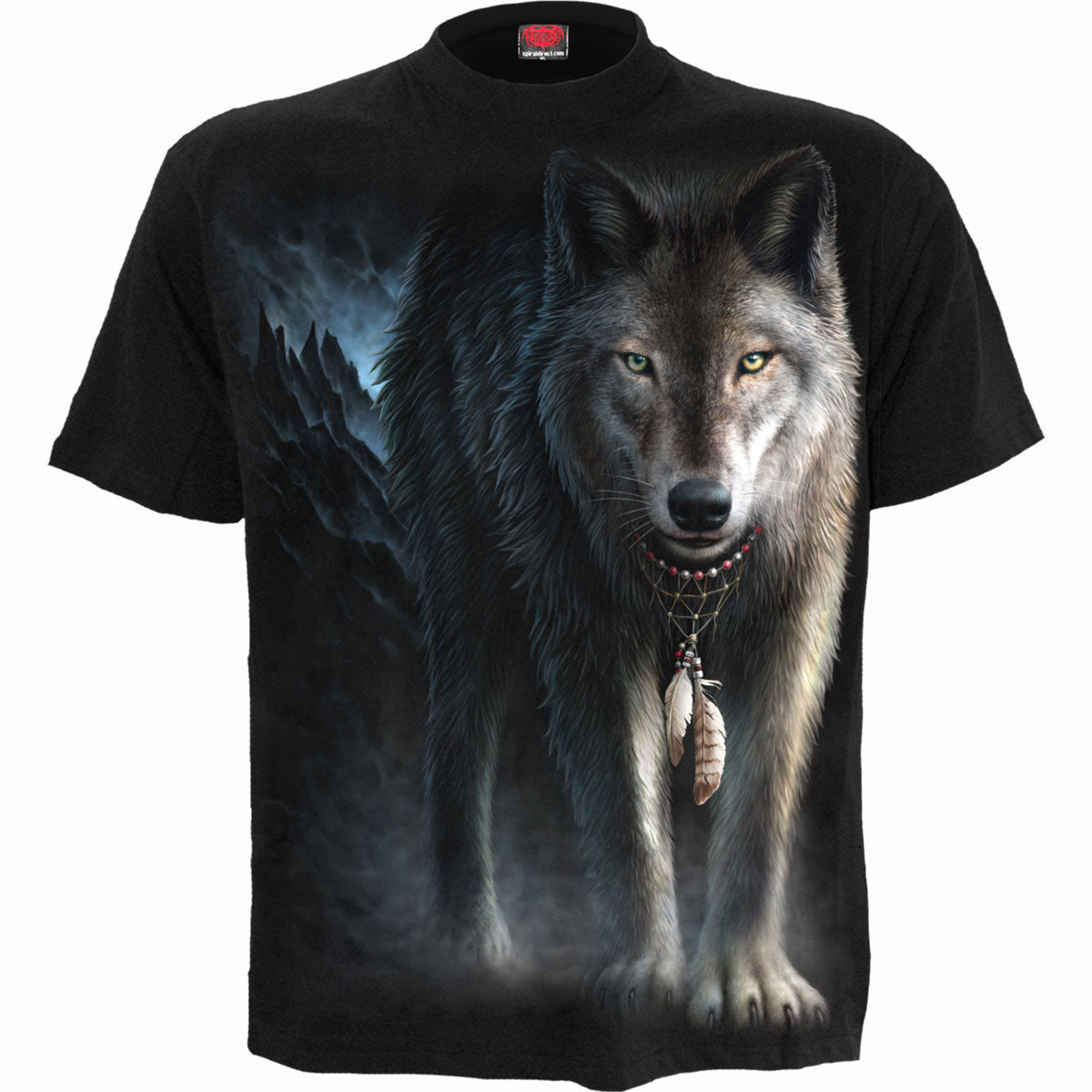 Black t-shirt with a large graphic of a howling wolf and dreamcatcher.