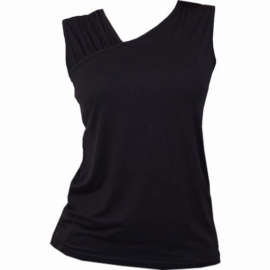 Black sleeveless vest with gathered shoulder detail, worn by a woman.