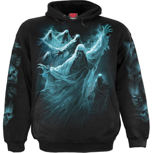 Black hoodie with a large, glowing skull and wolf graphic print.