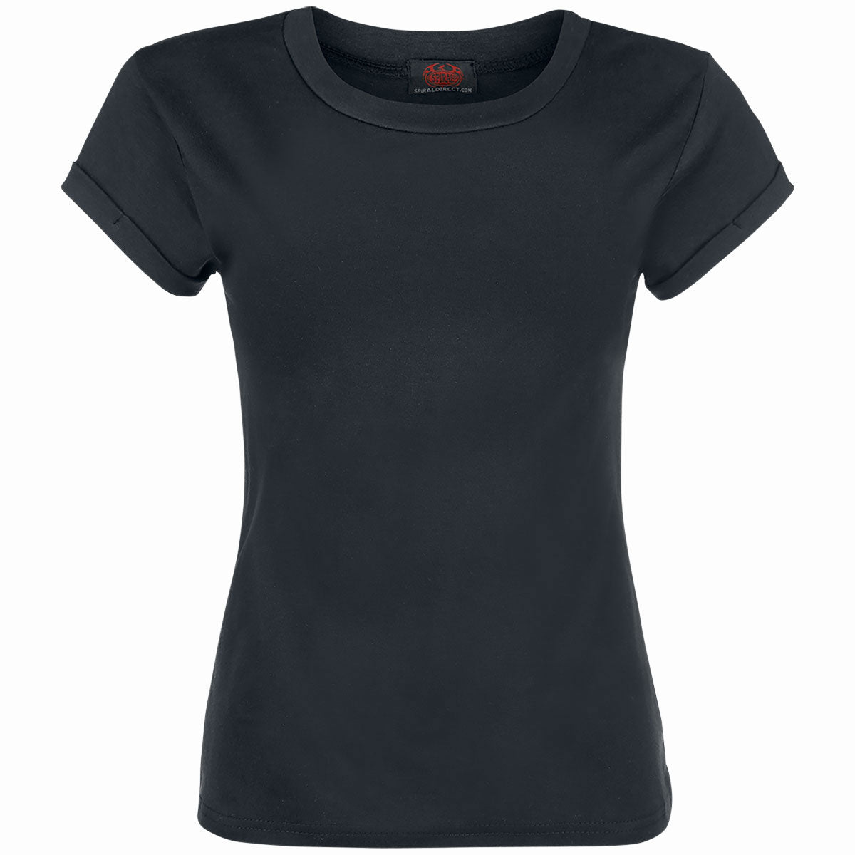 Black women's cap sleeve boatneck t-shirt, laid flat, front view.