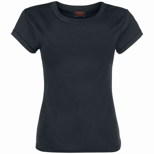 Black women's cap sleeve boatneck t-shirt, laid flat, front view.