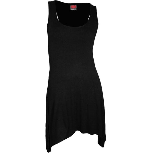 Woman modeling a black, sleeveless camisole dress with an asymmetrical hem.