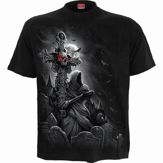 Black t-shirt with a raven perched on a skull under a full moon.