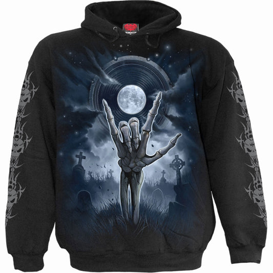 Black hoodie with a graphic of a skeleton playing an electric guitar.