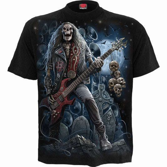 Black t-shirt with a skeletal hand and graveyard graphic design.