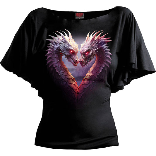 Black women’s top with a graphic of two dragons forming a heart.