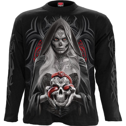 Black long sleeve shirt with detailed silver skull and red floral design.