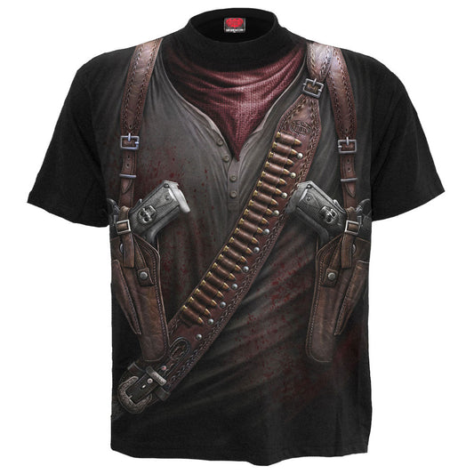 Man modeling black short-sleeve t-shirt with a gun holster print.