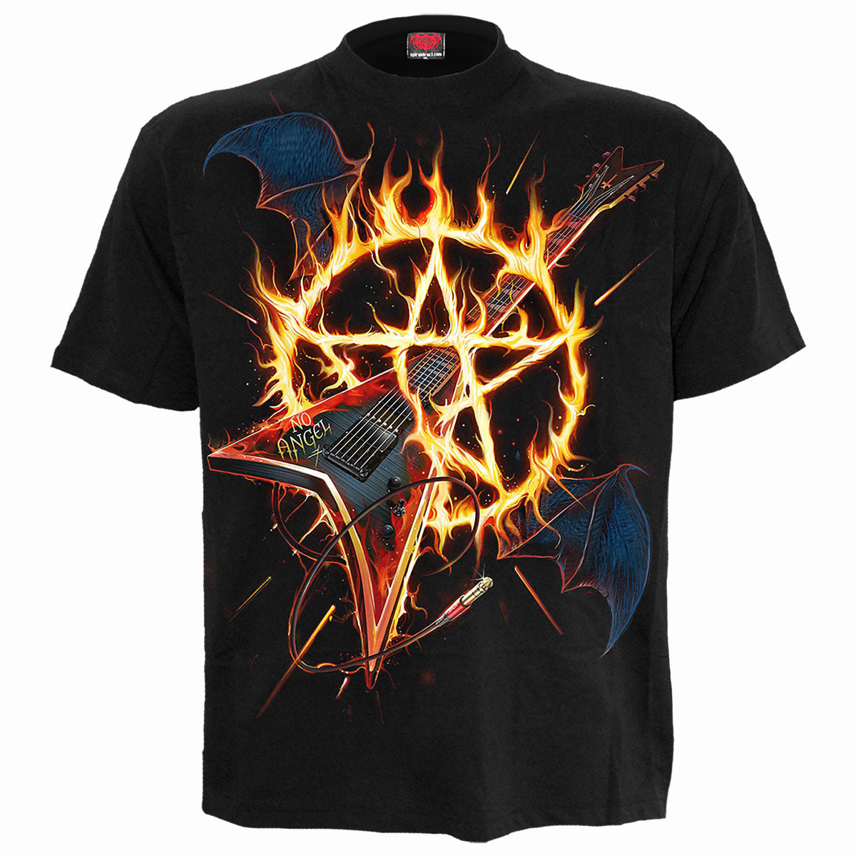 Black t-shirt with a graphic of a flaming guitar and star.