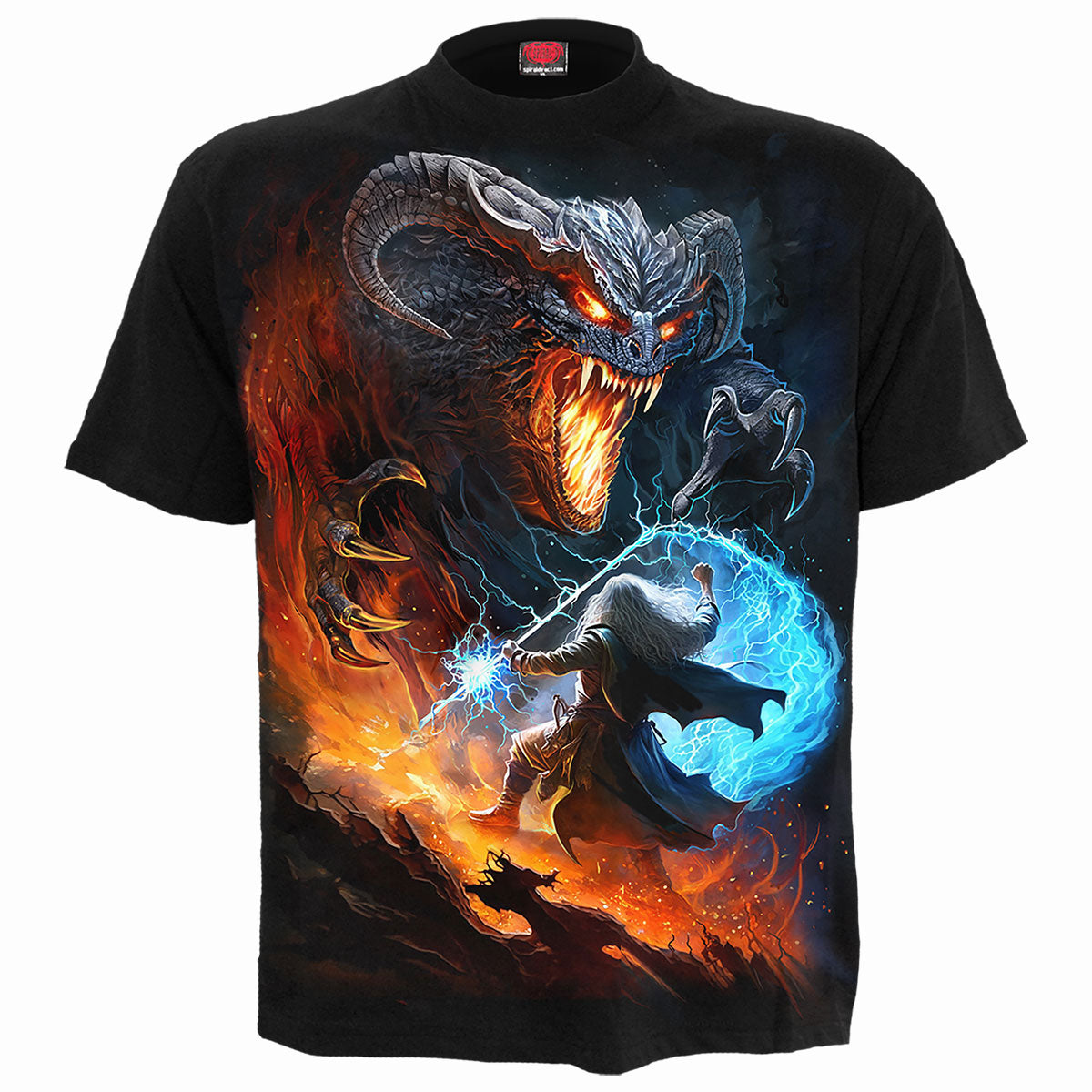 Black t-shirt with a large graphic of a wizard battling a monster.